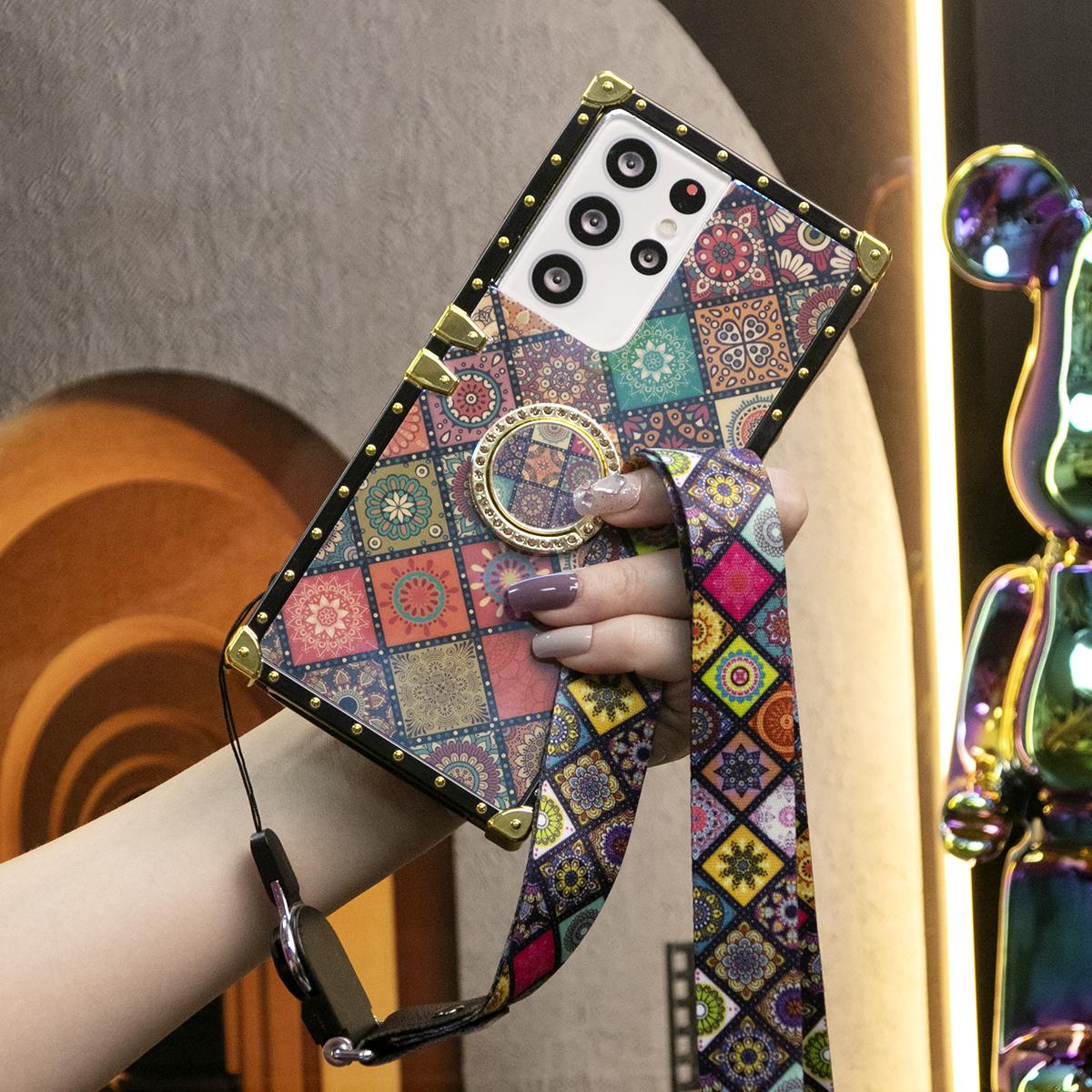 Luxury Glitter Retro Flower Pattern Cover For Samsung S25 S24 S21 S22 S23Ultra Fashion Geometric Square Case For Samsung A74 A73 A72 A71 A55 A54 A53 A52 A35 A34 A24 A25 A14 A15