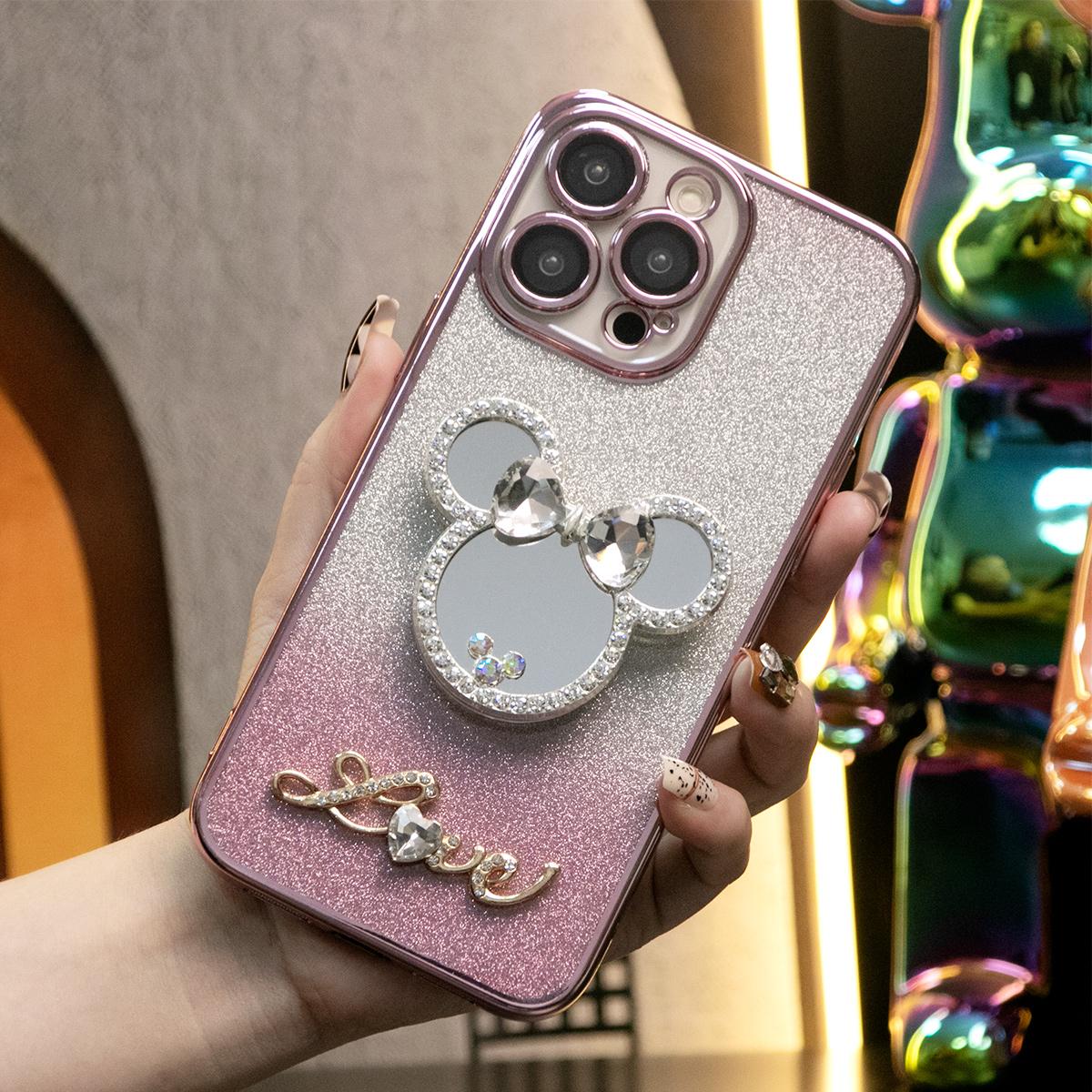 Glitter Transparent Gradient Mouse Head Mirror Kickstand Plating Phone Case For iPhone 16 15 14 13 12 Pro Max Clear Soft TPU Back Cover