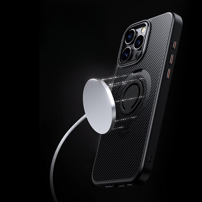 Carbon Fiber Pattern Slim PC Business Strong Magnetic Phone Case with 360 Rotating Metal Kickstand For iPhone 16ProMax 15 14 13 12 Skin Feel Bumper Shockproof Hard Full Cover