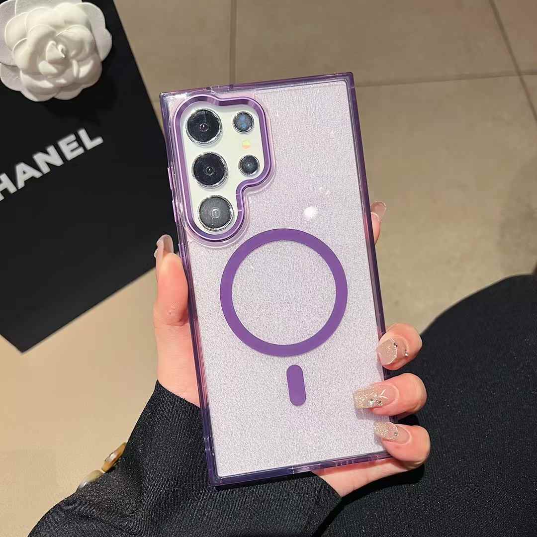 Glitter Transparent Strong Magnetic For Magsafe Phone Case For Samsung S25Ultra S25+ S25 S24Ultra S23FE S23Ultra S24 S23 Metal Frame Shockproof Bumper Acrylic Hard Cover
