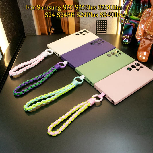 Silicone Matte Phone Case with Braided Rope Bracelet For Samsung S25 S25Plus S25Ultra S24 S24FE S24Plus S24Ultra Camera Protect Soft Cover