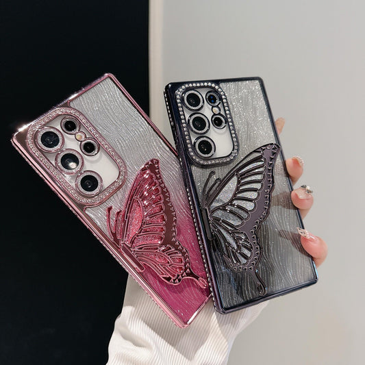Luxury Glitter Diamond Butterfly Stand Water Ripple Phone Case For Samsung S24 S25 Ultra FE Plus Premium Plating Back Cover