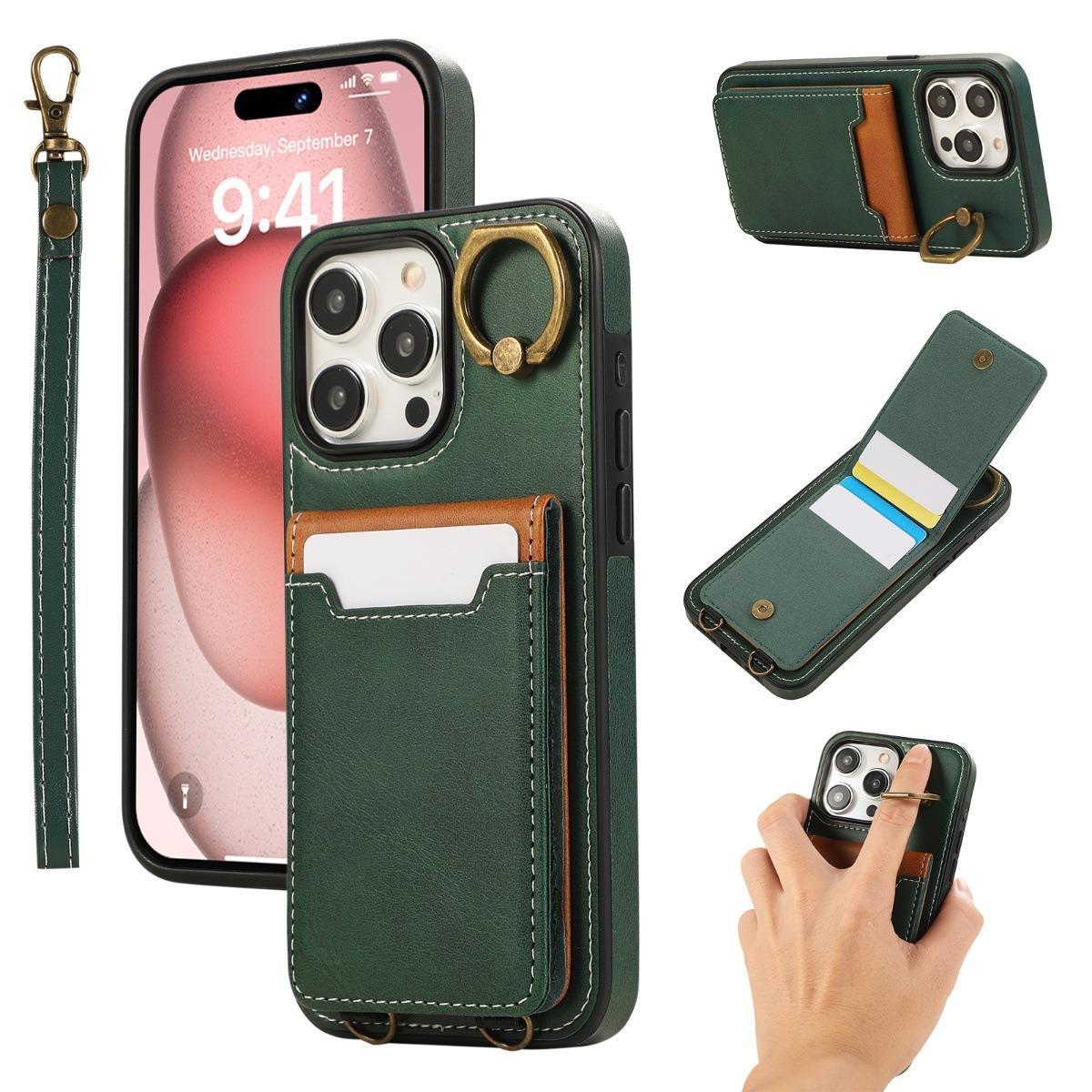 For iPhone 16ProMax 16 15 14 13 12 Leather Phone Case with Double Folding Wallet Wristband, Anti-Fall Card Slot Ring Kickstand Shockproof Business Hard Full Cover