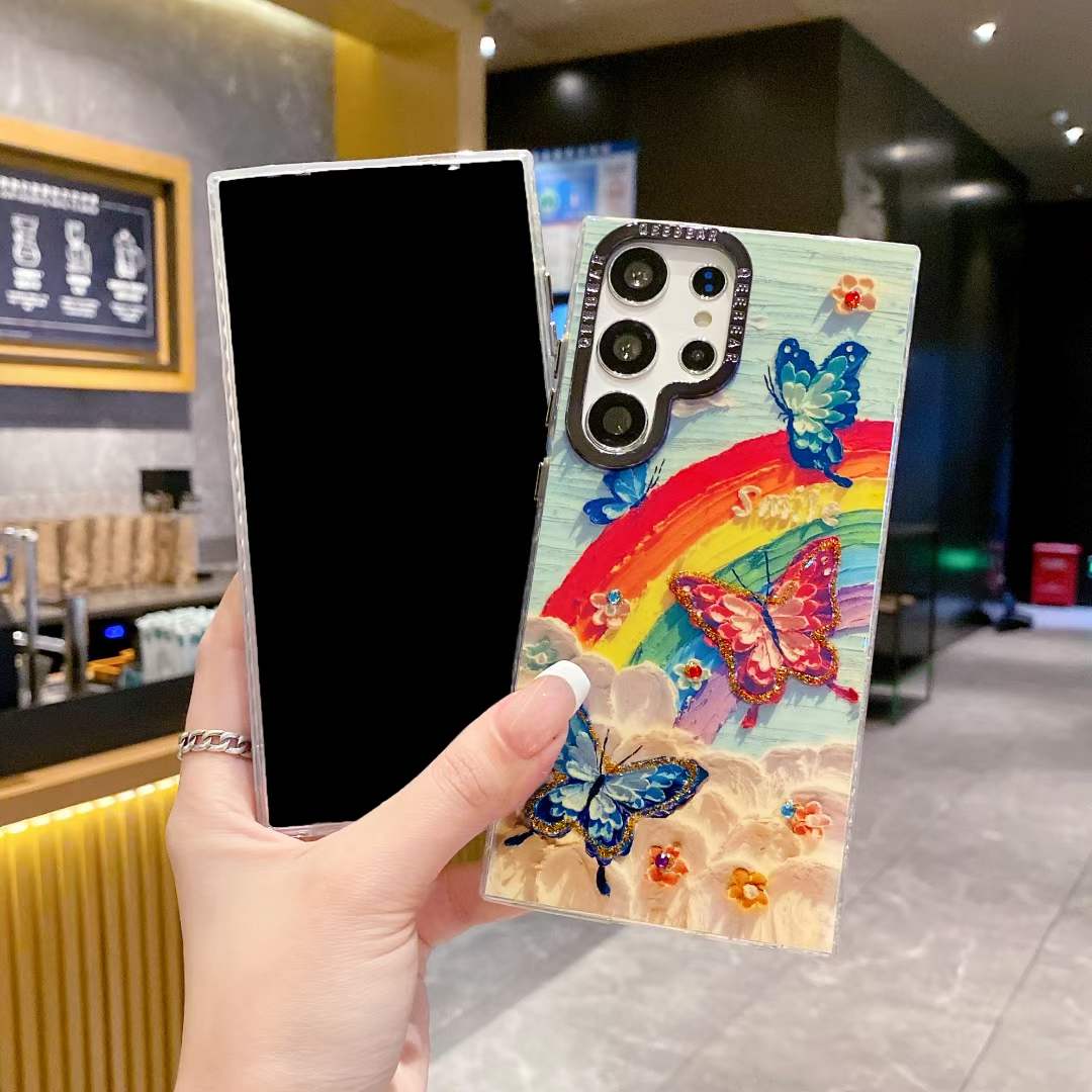 For Samsung S25 S24 S23 S22 A34 A35 A53 A54 A55 Note20Ultra Phone Case, Luxury Elegant Colorful Rainbow Butterfly Flower Oil Painting Metal Camera Frame Anti-drop Hard Shockproof Full Cover