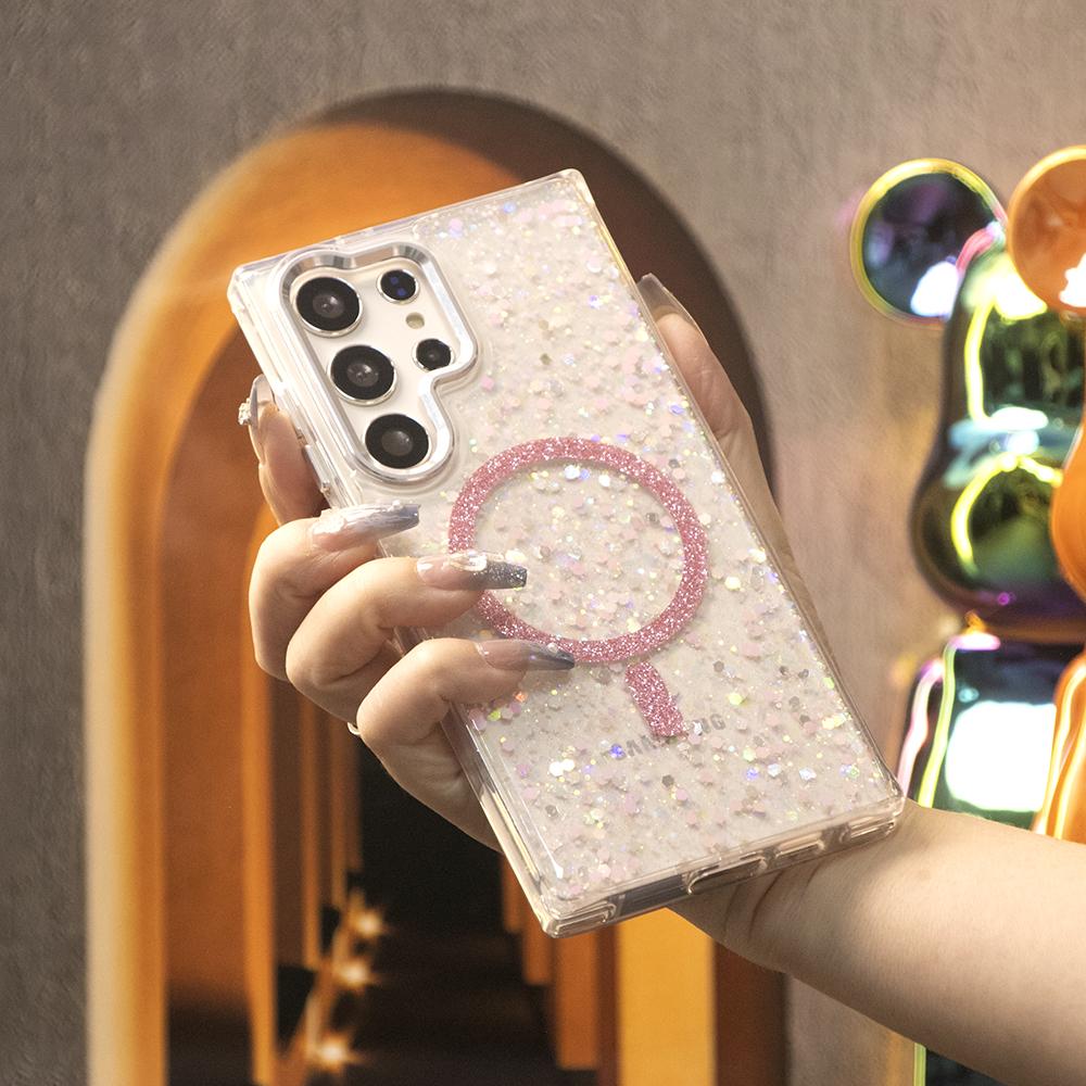 Glitter Glitter Transparent Strong Magnetic For Magsafe Phone Case For Samsung S25Ultra S25+ S25 S24 S23 A14 A15 A16 A24 A25 A34 A35 A54 A55 Metal Frame Shockproof Bumper Acrylic Hard Cover