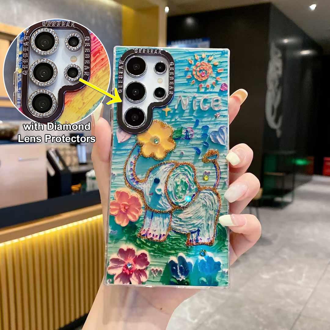 For Samsung S25 S24 S23 S22 Phone Case with Diamond Lens Protectors, Luxury Castle Panda Leopard Rainbow Butterfly Elephant Girl Oil Painting Metal Camera Frame Anti-drop Hard Shockproof Full Cover