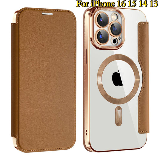 Wireless Charge Case for iPhone 16 15 14 13 Pro Max Magnetic Shockproof Flip Leather Shell Card Slot Hard PC Back Cover