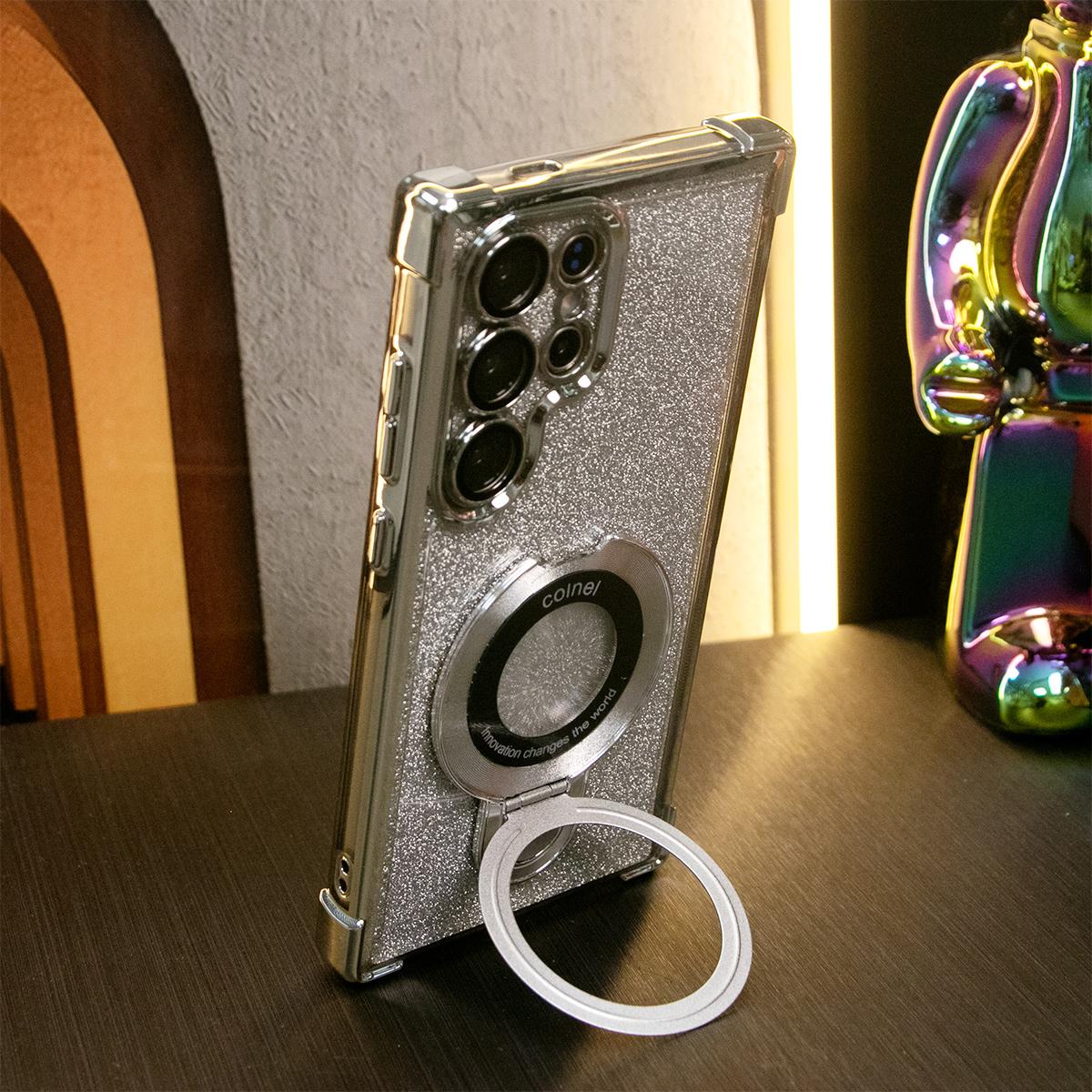 Luxury Glitter Plating Four Corners Shockproof Clear Phone Case With Magnetic Kickstand For iPhone 16 15 14 13 12 11 XR XSMax X/XS Hard Acrylic Hybrid Bumper Hard Full Cover