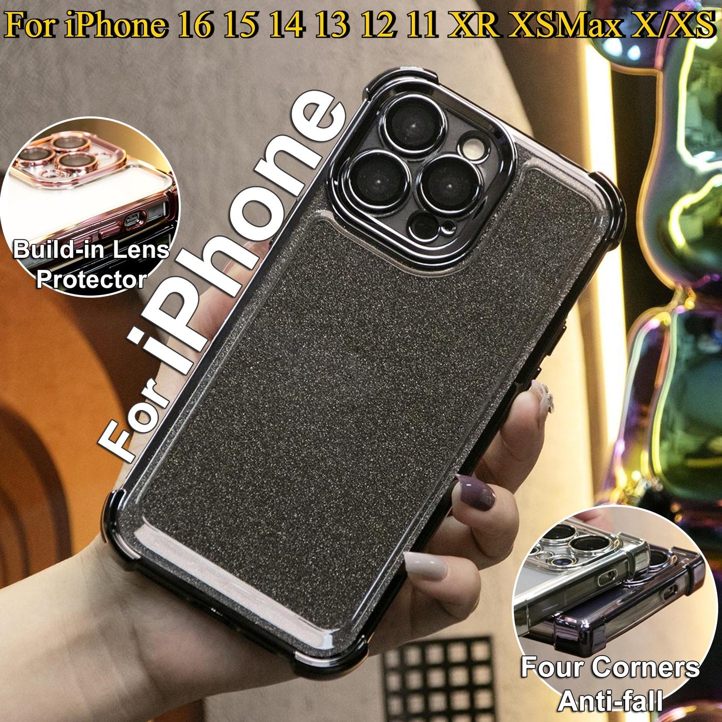 Glitter Clear Four Corners Anti Fall Transparent Plating Phone Case For iPhone 16 15 14 13 12 11 XR XSMax X/XS Built-in Camera Protector Hard Full Cover
