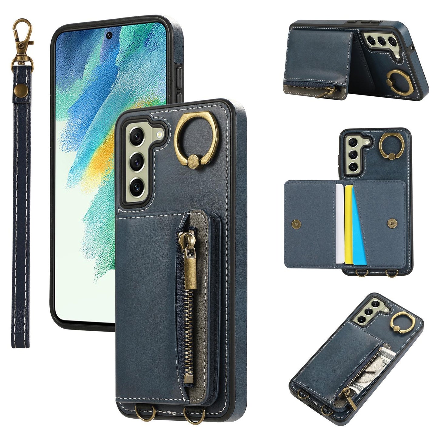 For Samsung S25Ultra S24 S23 S22 A16 A15 A35 A55 Leather Phone Case with Double Folding Wallet Wristband, Anti-Fall Card Bag Kickstand Shockproof Business Hard Full Cover