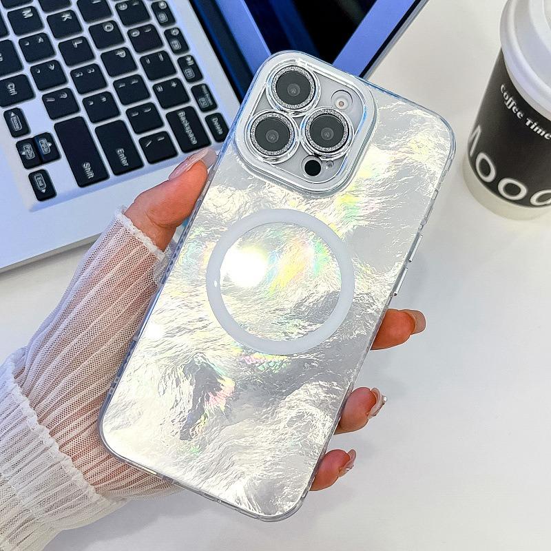 For iPhone 16ProMax 16 15 14 13 Phone Case, Electroplating Magnetic Laser Flow Silk Pattern Acrylic Slim With Glitter Len Protector, Protection Non-Yellowing Hard Cover