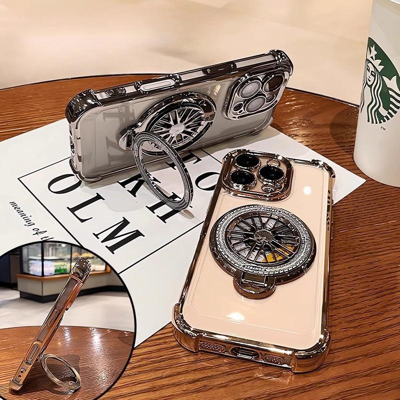 Glitter Plating Acrylic with Len Protector Phone Case with Metal Magnetic Gyro Rotating Kickstand For iPhone 16ProMax 15 14 13 12 Four Corner Shockproof Hard Full Cover