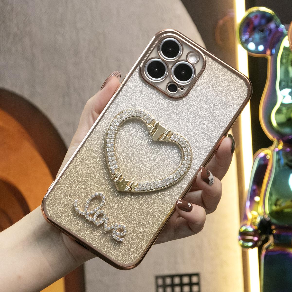 Glitter Transparent Gradient Diamond Love Heart Holder Plating Phone Case For iPhone 16 15 14 13 12 Pro Max Clear Soft TPU Back Cover
