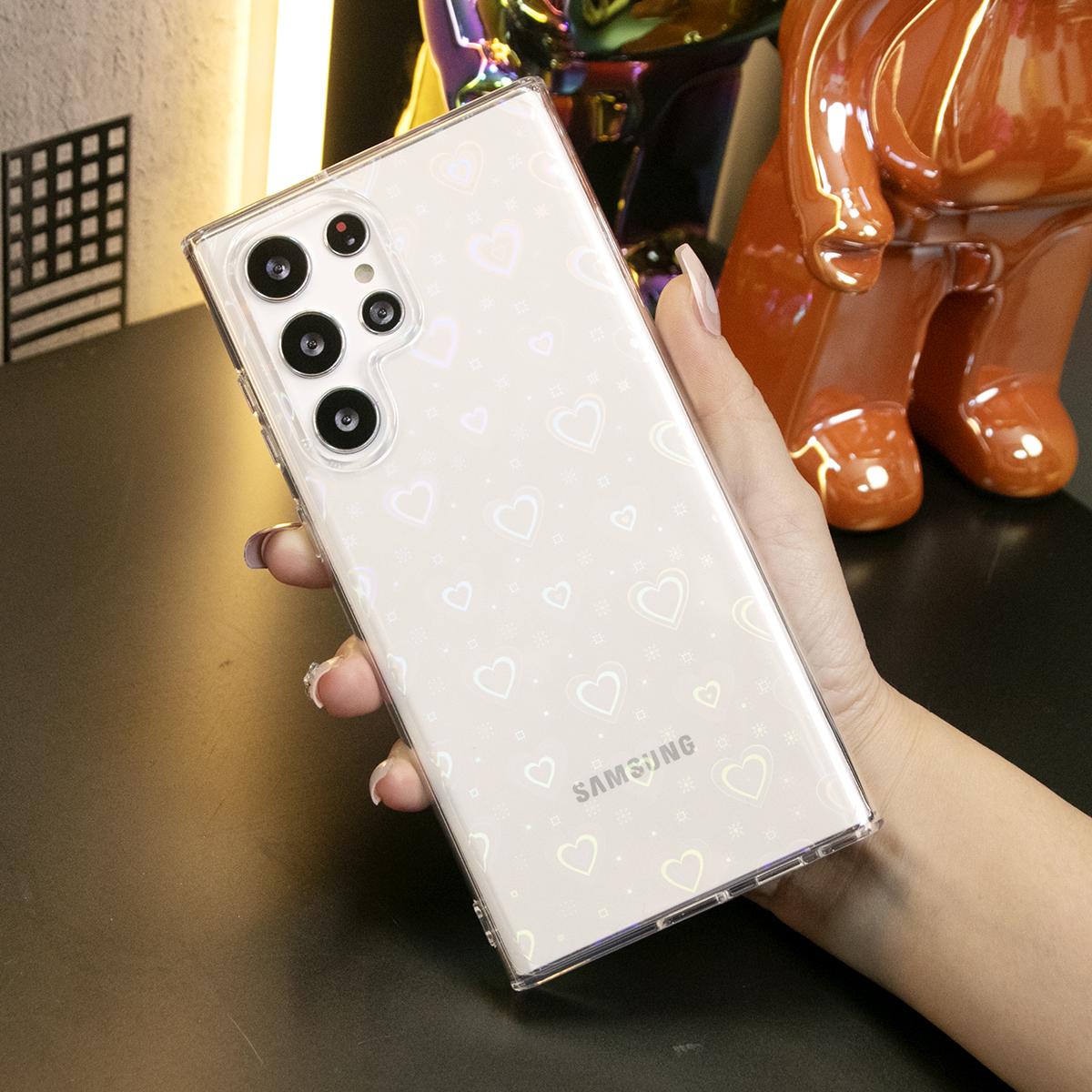 For Samsung S25Ultra S25 S24FE S24Ultra S23 S22 A55 A35 A25 A15 Plus Ultra Phone Case, Clear Laser Love Heart, Glitter Shockproof Hard Full Cover