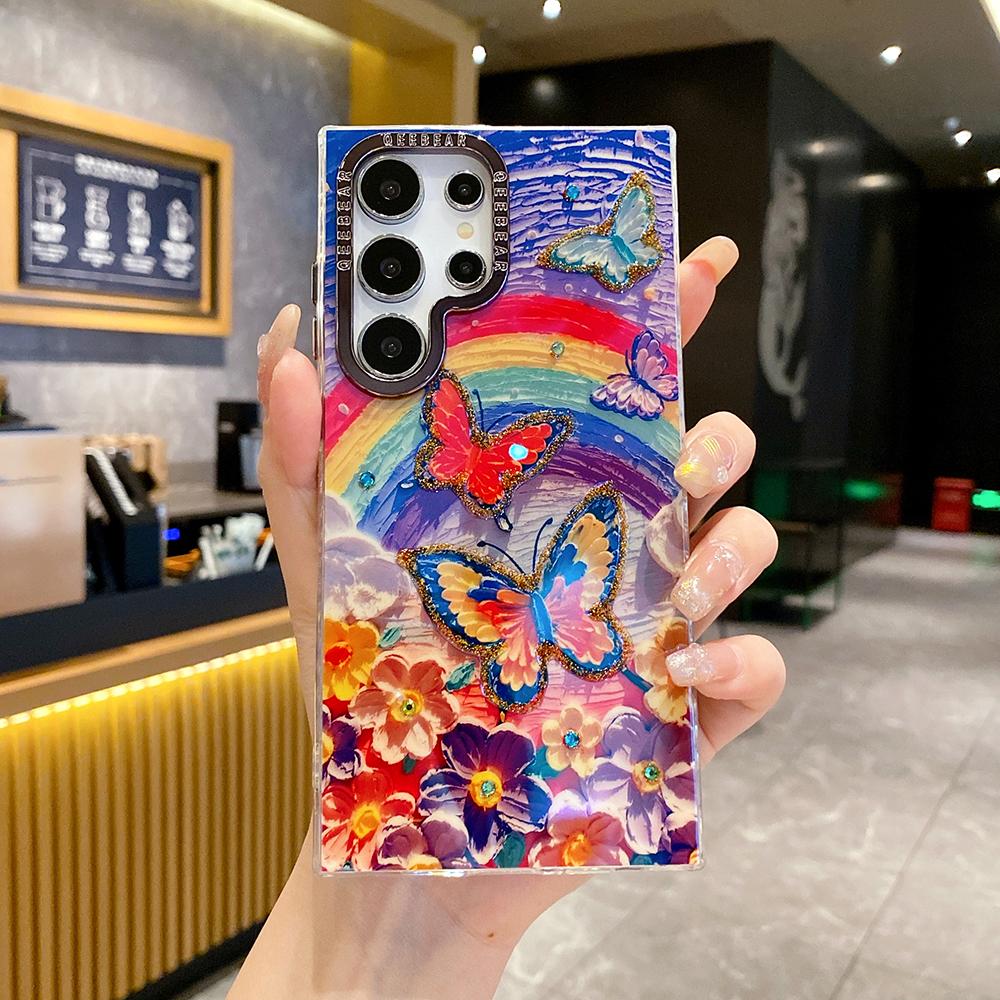 For Samsung S25 S24 S23 S22 A35 A36 A26 A54 A55 A56 Phone Case, Flower Rainbow Butterfly Rose, Oil Painting Camera Frame Anti-drop Hard Shockproof Full Cover