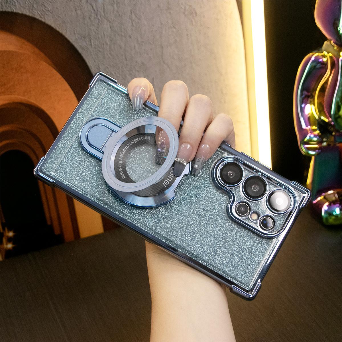 Luxury Glitter Plating Four Corners Shockproof Clear Phone Case With Magnetic Kickstand For iPhone 16 15 14 13 12 11 XR XSMax X/XS Hard Acrylic Hybrid Bumper Hard Full Cover