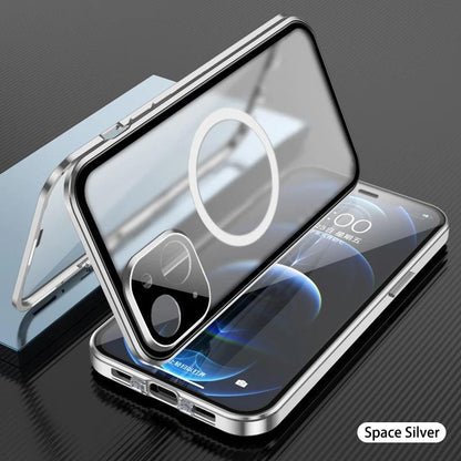 Double Sided HD Glass Matte Back Cover Aluminium Alloy For Magsafe Full Cover 360 Magnetic Ring High Definition Metal Case For iPhone 16ProMax 16 15 14 13 12 Pro Max Glass Full Cover