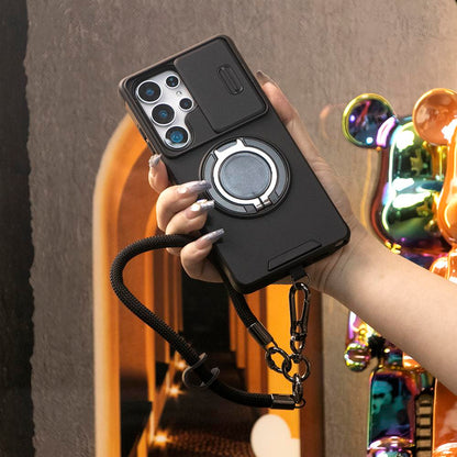 Removable Dust-proof Lens Cap Protection Phone Case 360 Rotating Metal Kickstand Wristband For Samsung S25Ultra S24 S23 S22 S21 Note20 A06 A15 A16 A25 A35 A36 A53 A54 A55 Shockproof Cover