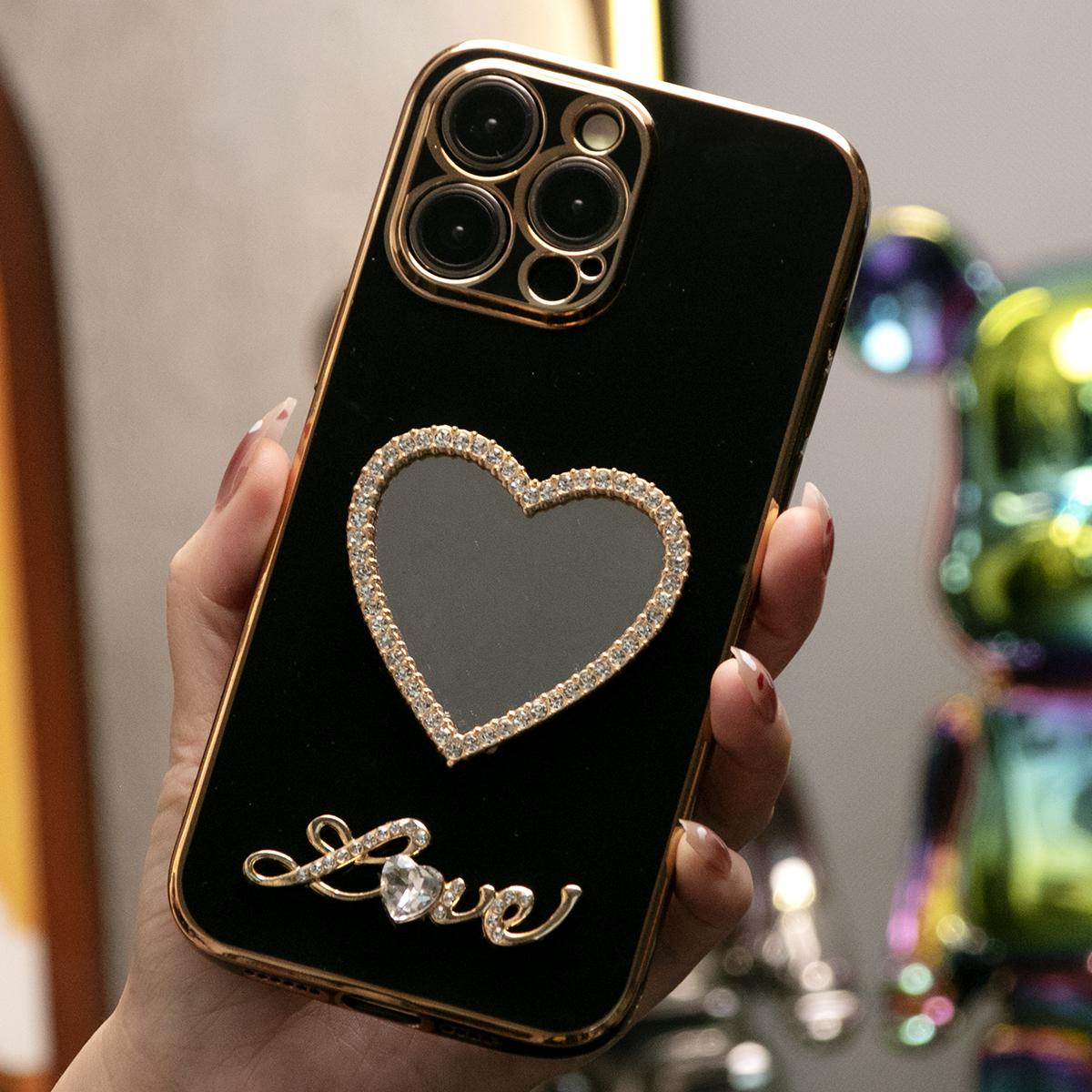 For iPhone 16 15 14 13 12 11 XR XSMax X/XS Phone Case, Love Heart Mirror, Plating Electroplate Luxury Elegant Case Camera Protector Shockproof Soft Cover