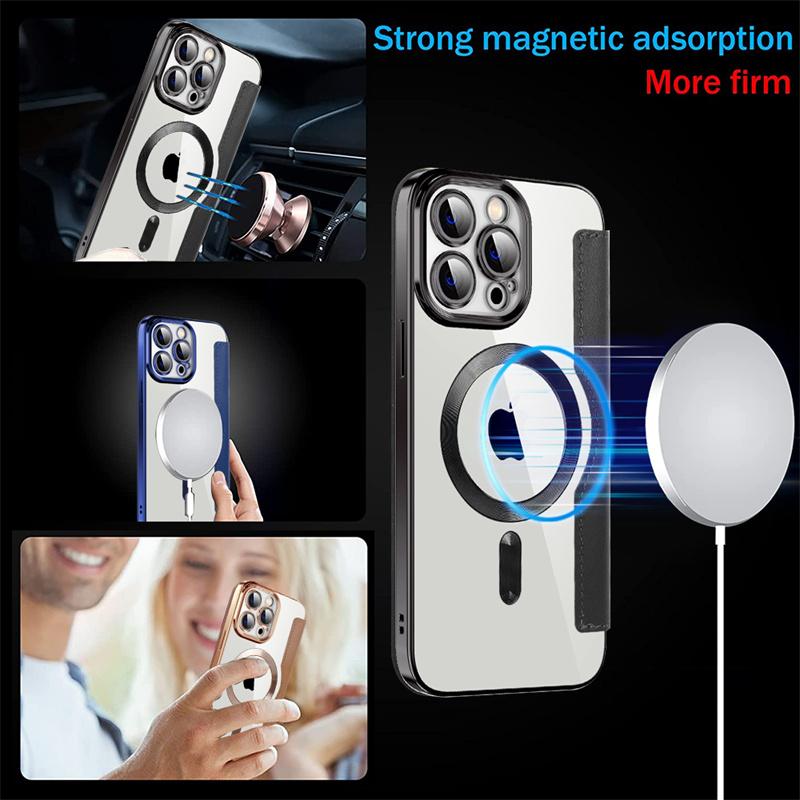 Wireless Charge Case for iPhone 16 15 14 13 Pro Max Magnetic Shockproof Flip Leather Shell Card Slot Hard PC Back Cover