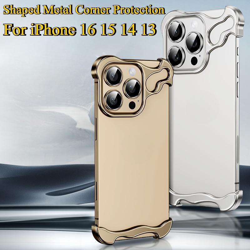 Special-Shaped Metal Corner Pad Anti-Fall Phone Case Suitable For iPhone 16 15 14 13 Pro Max, Borderless Slim No Back Bumper with Camera Cover Bumper Phone Case
