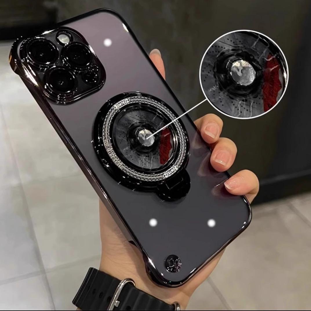 Ultra Slim Frameless Plating PC with Len Protector Phone Case with Metal Magnetic Gyro Rotating Kickstand For iPhone 16ProMax 15 14 13 12 Shockproof Support Wireless Charging Hard Full Cover