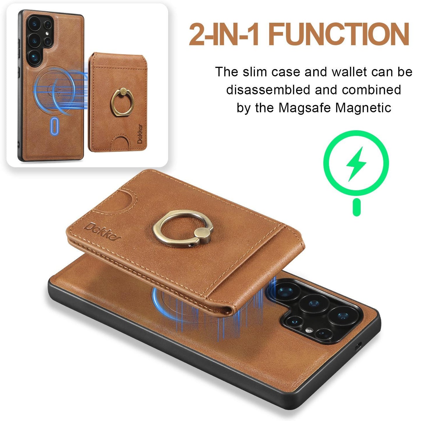 For Samsung S25 S24 S23 A16 A15 A36 A35 A56 A55 A53 Leather Phone Case with Strong Magnetic Wallet Ring Stand, Anti-Fall Card Bag Kickstand for Magsafe Shockproof Business Hard Full Cover