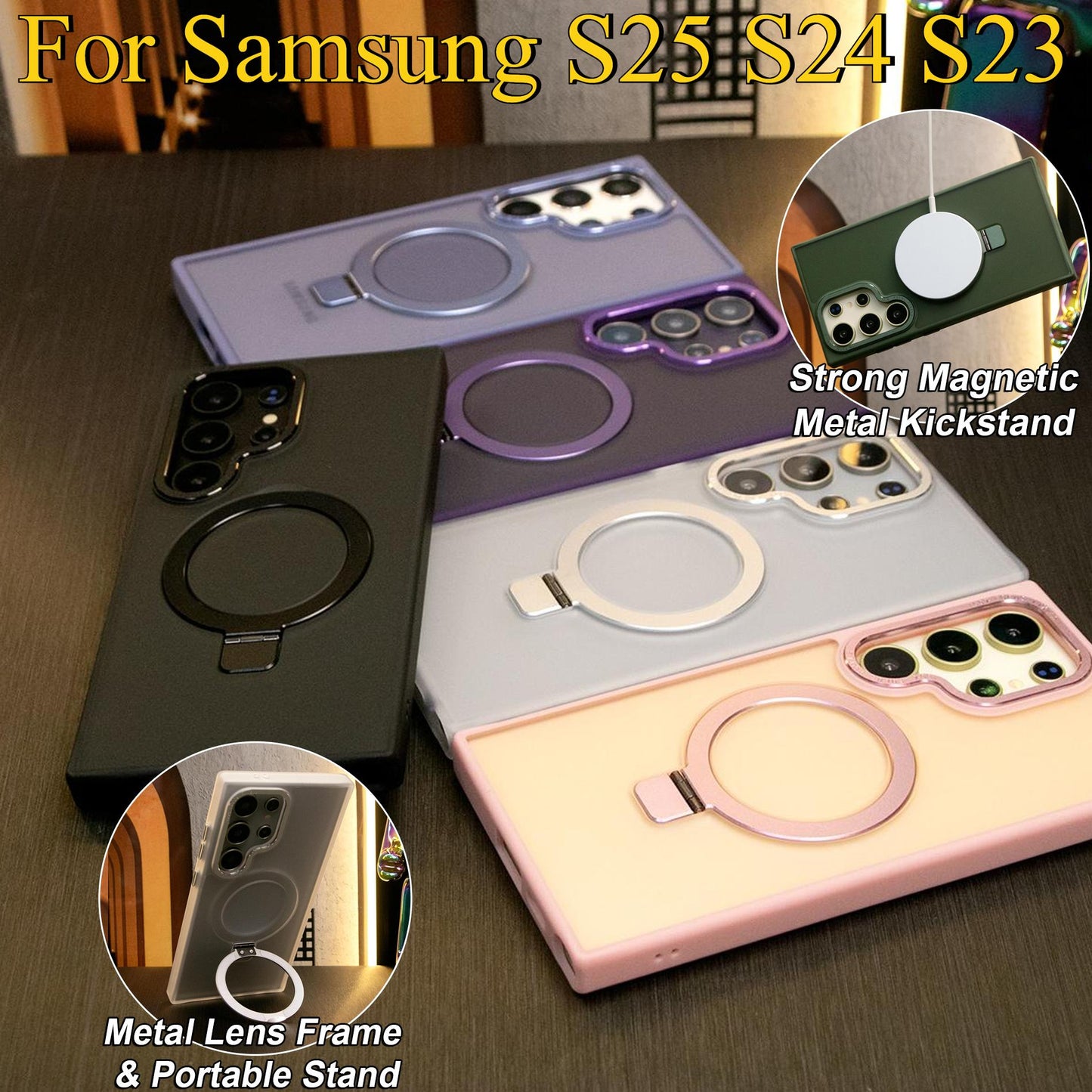 For Samsung S25Ultra S25 S24Ultra S24 S23Ultra S23 Plus Phone Case, Clear Matte Acrylic Strong Magnetic Metal Frame Kickstand [Not Yellowing] Shockproof Hard Full Cover