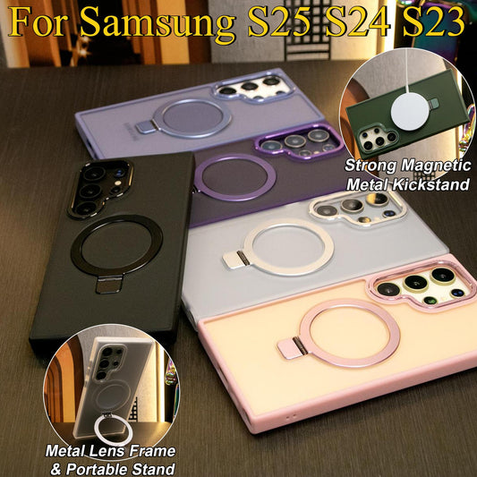 For Samsung S25Ultra S25 S24Ultra S24 S23Ultra S23 Plus Phone Case, Clear Matte Acrylic Strong Magnetic Metal Frame Kickstand [Not Yellowing] Shockproof Hard Full Cover