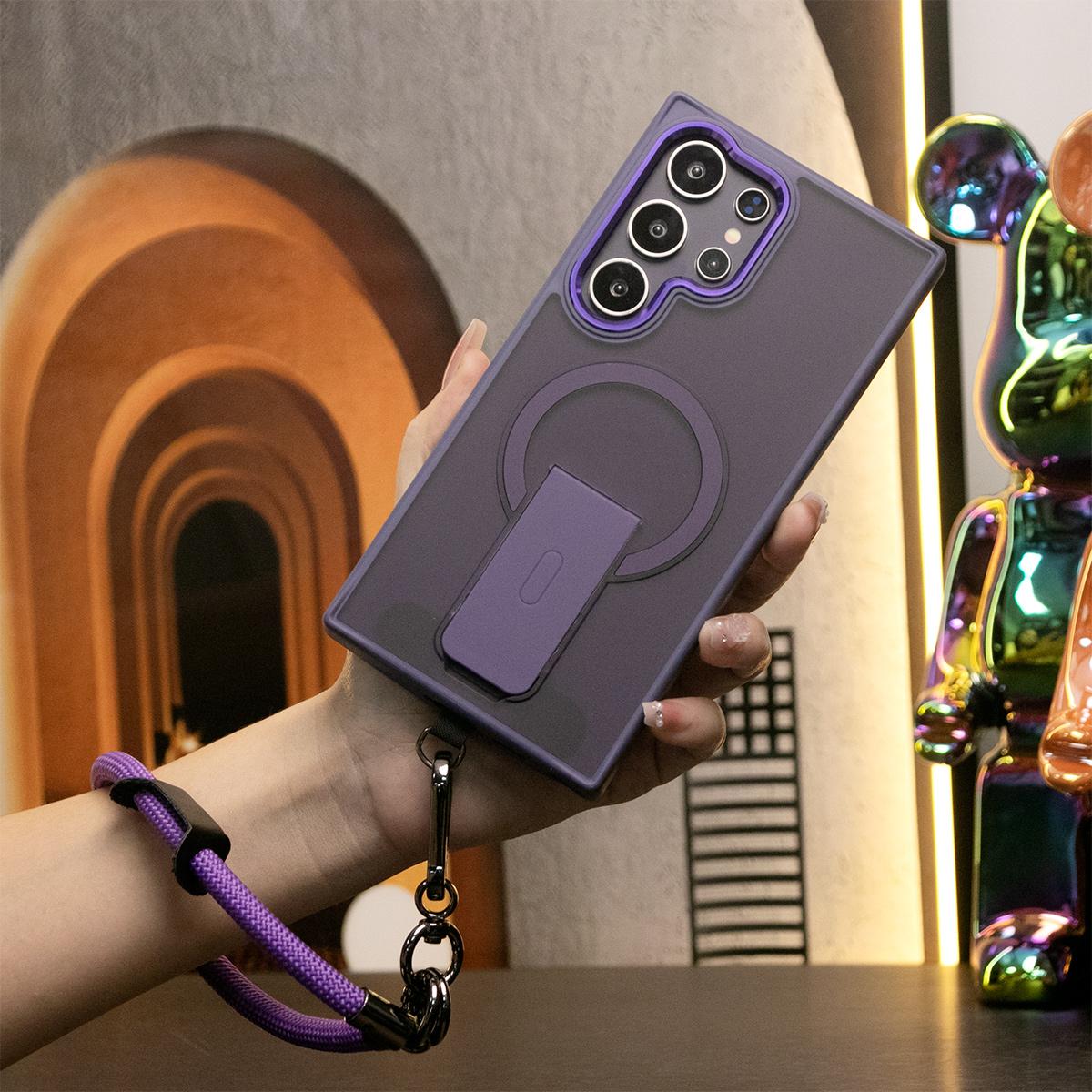 Matte Clear Portable Kickstand Magnetic Phone Case With Multifunctional Wristband For Samsung S25Ultra S25Plus S24FE S24Ultra S25 S24 S23 Skin Feel Shockproof Camera Metal Frame