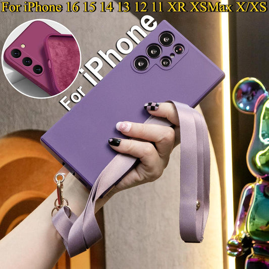 Square Liquid Silicone Matte Shockproof Crossbody Lanyard Phone Case For iPhone 16 15 14 13 12 11 XR XSMax X/XS Camera Protect Soft Cover