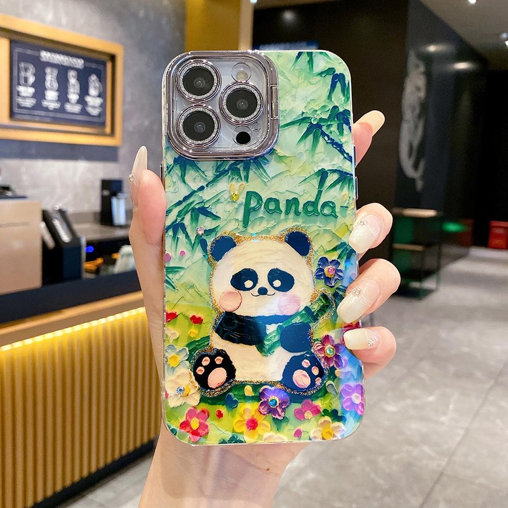 For iPhone 16ProMax 16 15 14 13 12 11 Phone Case with Diamond Camera Kickstand, Dolphin Whale Panda Elephant Snake Animal, Oil Painting Camera Frame Anti-drop Hard Shockproof Full Cover