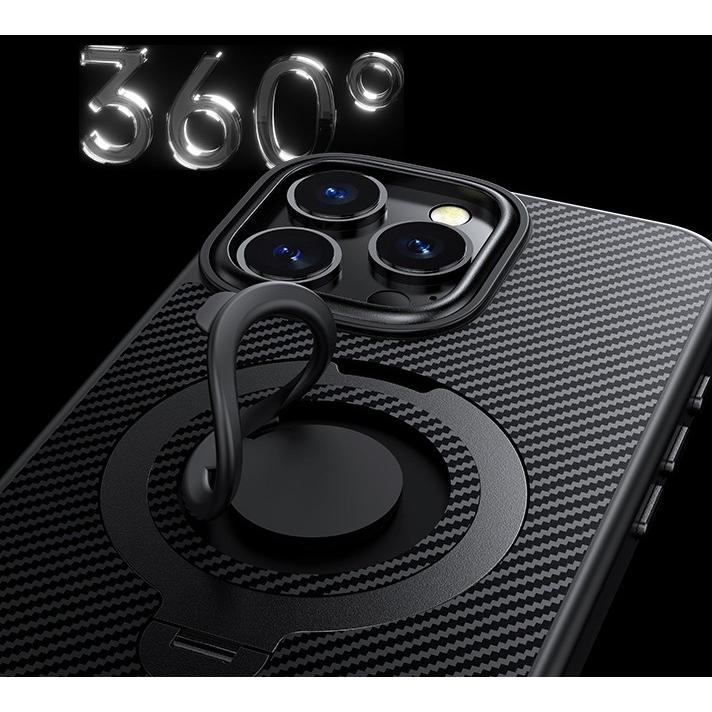 Carbon Fiber Pattern Slim PC Business Strong Magnetic Phone Case with 360 Rotating Metal Kickstand For iPhone 16ProMax 15 14 13 12 Skin Feel Bumper Shockproof Hard Full Cover