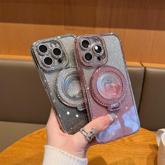 Glitter Gradient Plating Rhinestone TPU Phone Case with Quicksand Kickstand For iPhone 16ProMax 15 14 13 12 Shockproof Soft Full Cover
