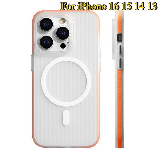 Corrugated Transparent Matte Magnetic Wireless Charger Phone Case For iPhone 16 15 14 13 Pro Max Armor Bumper Shockproof Cover