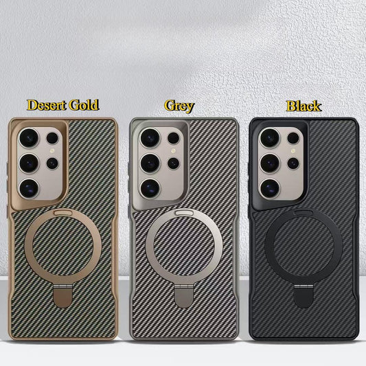 Carbon Fiber Pattern PC Strong Magnetic Phone Case with Metal Kickstand For Samsung S25Ultra S25+ S25 S24Ultra S23Ultra S22Ultra Skin Feel Bumper Shockproof Hard Full Cover