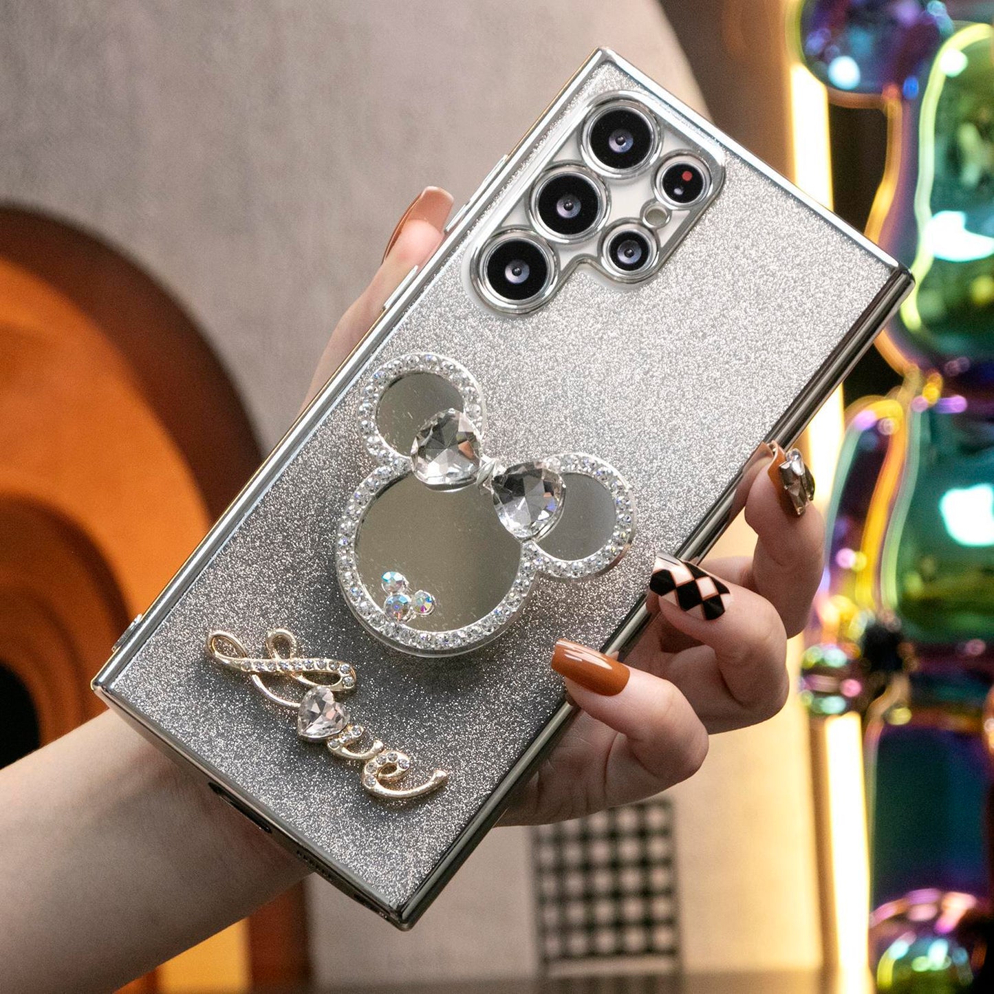 Luxury Diamond Mouse Head Mirror Kickstand Glitter Clear Gradient TPU Plating Shockproof Soft Phone Case For Samsung S25 S24 S23 S22 S21 Note20