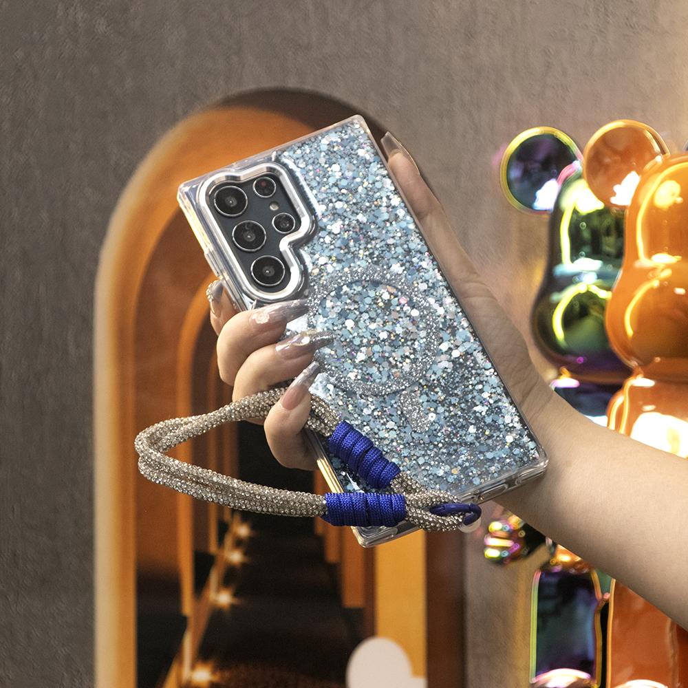 Glitter Glitter Transparent Strong Magnetic Phone Case With Weave Diamond Wristband For Samsung S25Ultra S24 S23 A14 A15 A16 A24 A25 A34 A35 A54 A55 Metal Frame Shockproof Acrylic Hard Cover