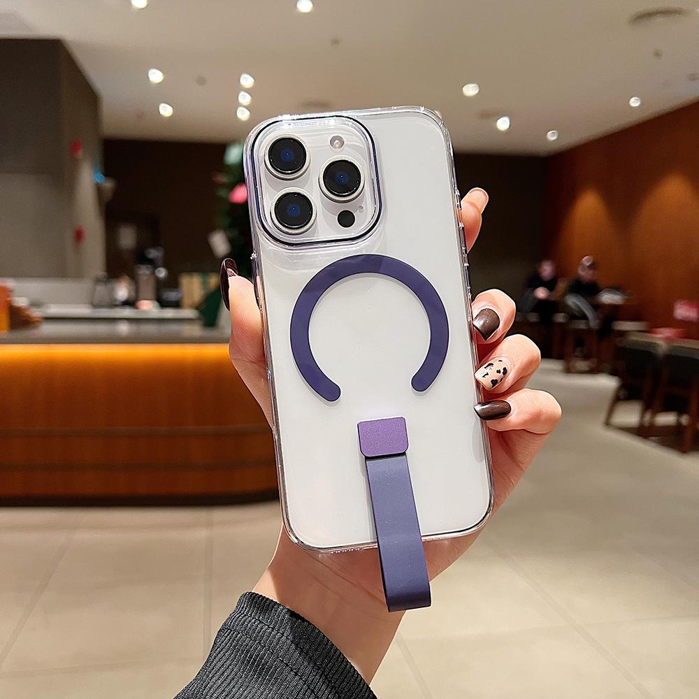 Colorful Crystal High Definition Clear C Pattern Magnetic Phone Case with Silicone Wristband For iPhone 16ProMax 16 15 14 13 Pro Max Plus Transparent HD Len Protection Hard Full Cover