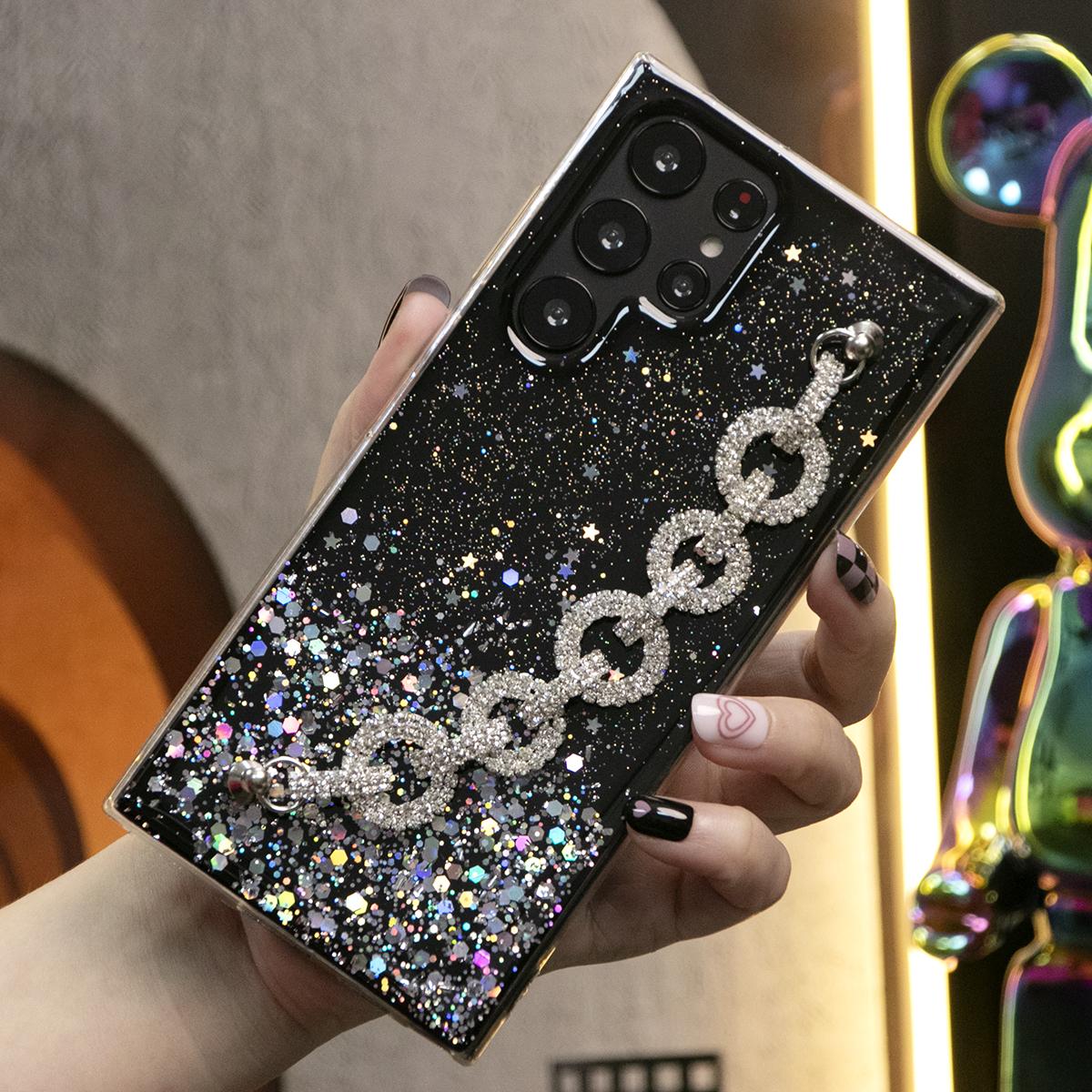 Glitter Star Sequin With Diamond Rhinestone Chain Phone Case For iPhone 16 15 14 13 12 11 XR XSMax X/XS Clear Soft TPU Back Cover