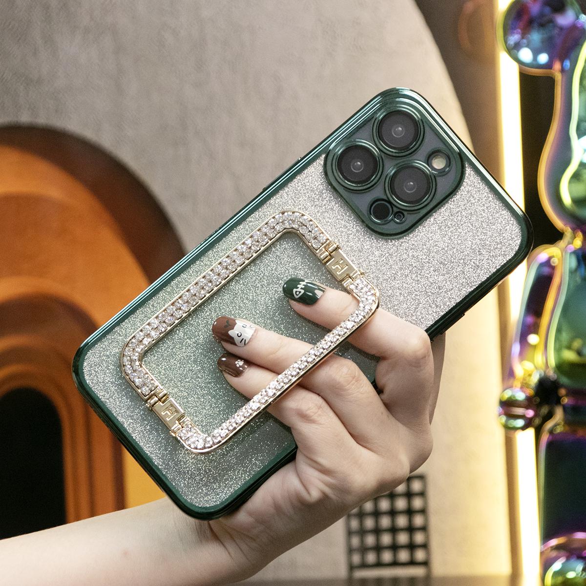 For iPhone 16 15 14 13 12 11 XR XSMax X/XS Phone Case, Rhinestone Square Kickstand, Glitter Gradient Clear Plating Luxury Elegant Case Pop Stand Shockproof Soft Cover