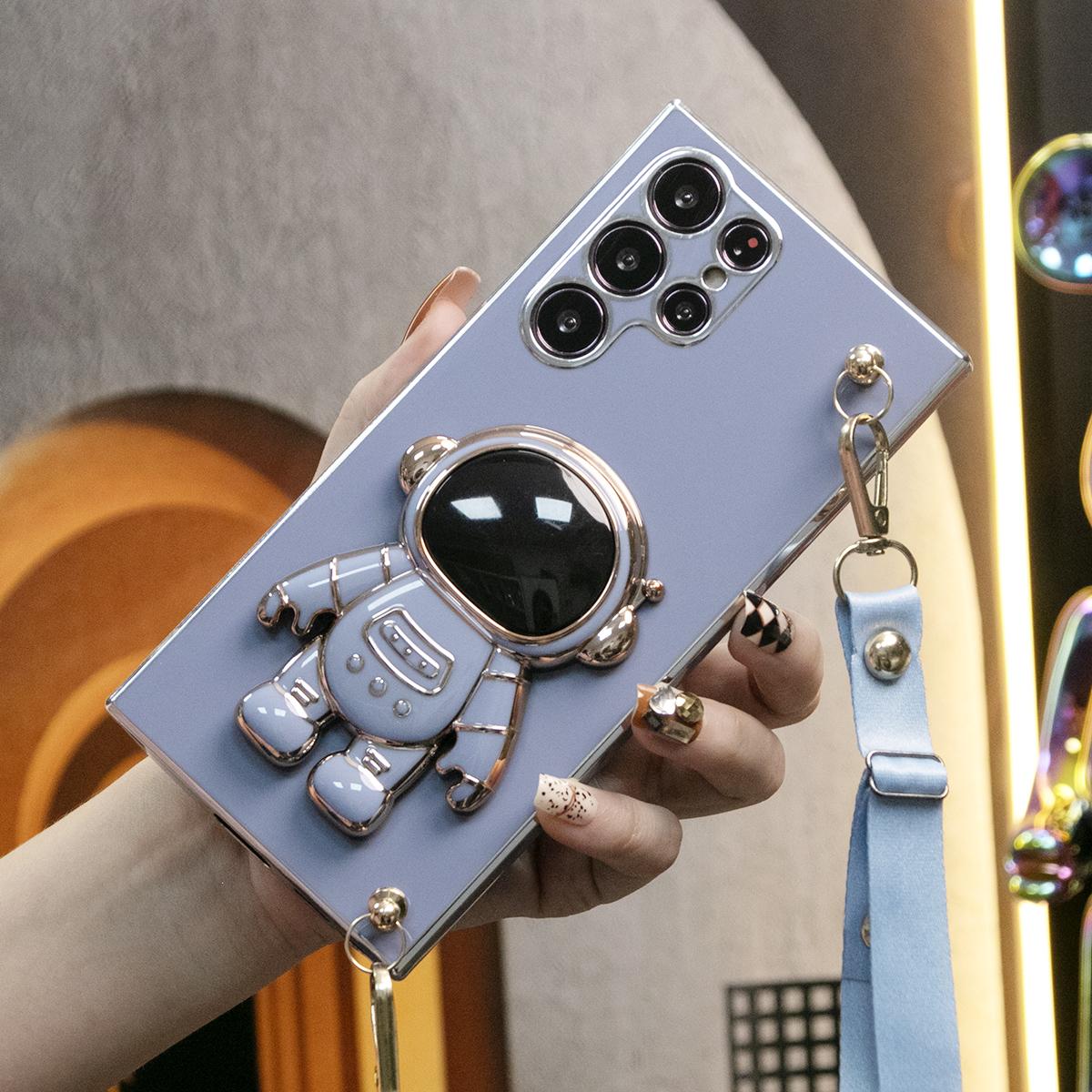 Astronaut Holder Crossbody Lanyard Phone Case For Samsung S25 S24 S23 S22 S21 Note20 Soft TPU Back Cover