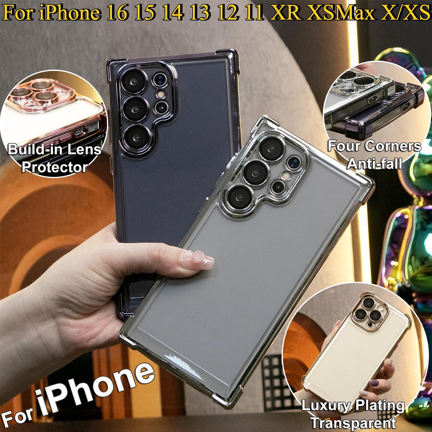 Luxury Plating Four Corners Shockproof Clear Case For iPhone 16 15 14 13 12 11 XR XSMax X/XS Transparent Built-in Camera Protector Hard Acrylic Bumper Armor Full Cover