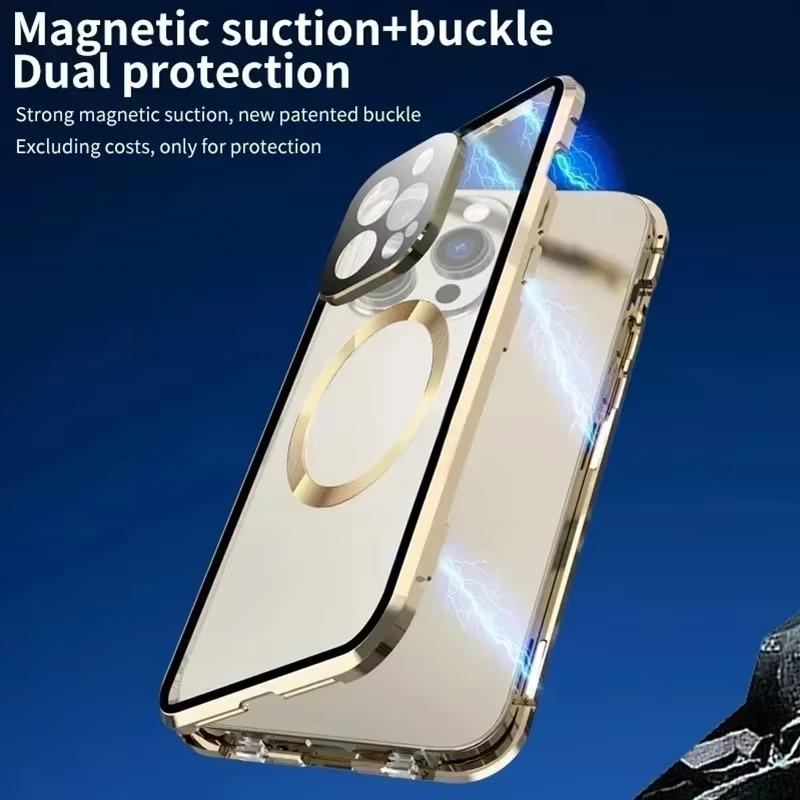 360 Full Protection Metal Magnetic Double Sided Phone Case For iPhone 16 15 14 13 12 Pro Max Plus For Magsafe Case Glass Magnetic Ring For Wireless Charging Snap Lock Full Cover