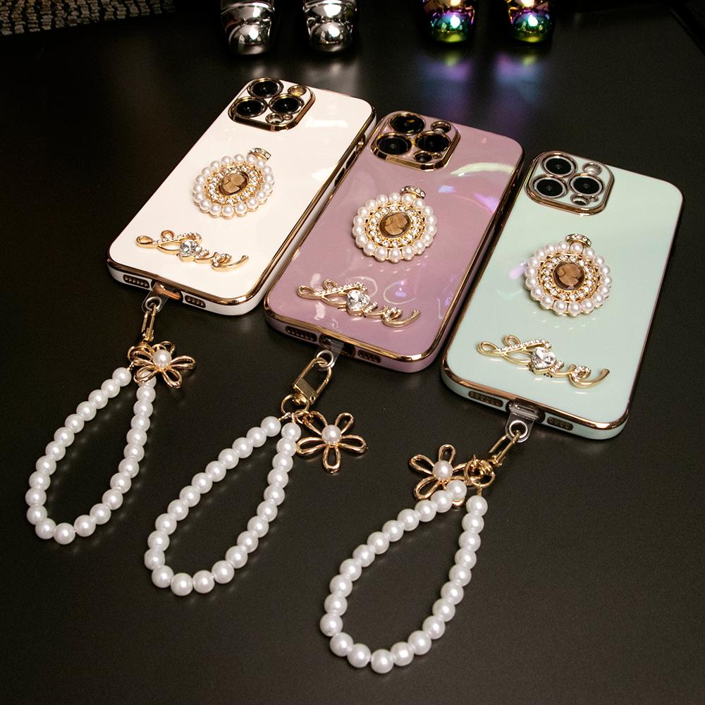 For iPhone 16 15 14 13 12 11 XR XSMax X/XS Phone Case, Pearl Perfume Bottle with Chain, Plating Electroplate Luxury Elegant Case Camera Protector Shockproof Soft Cover