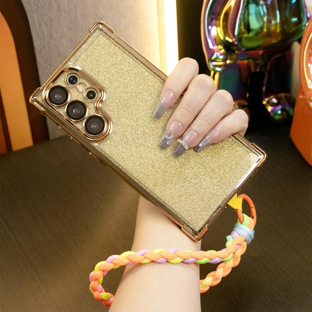 Luxury Glitter Plating Four Corners Shockproof Clear Case With Woven Wristband For Samsung S25 S24 S23 S22 S21 Note20 Transparent Hard Acrylic Hybrid Bumper Armor Cover