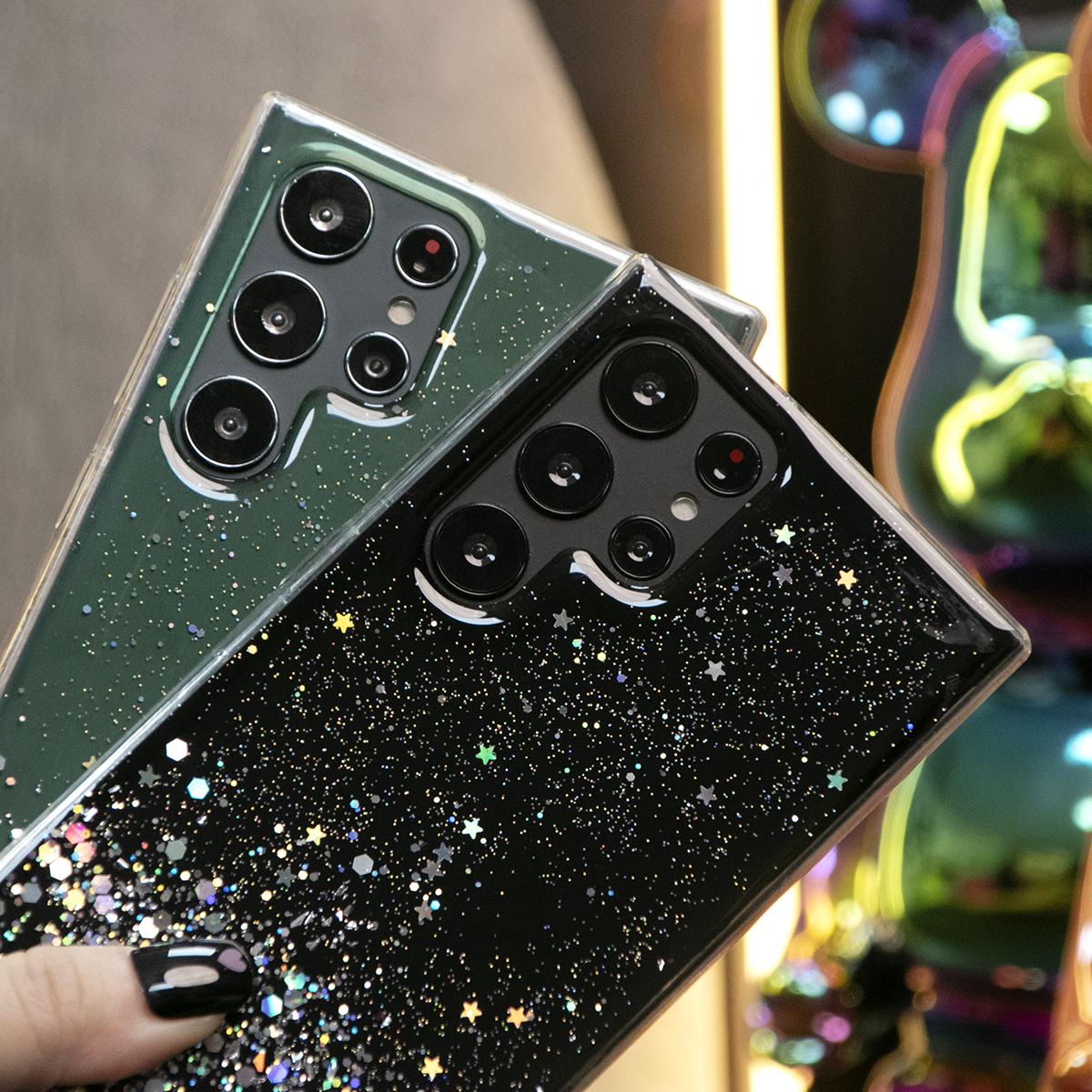 Glitter Star Sequin Basic Phone Case For Samsung S25 S24 S23 S22 S21 Note20 A15 A25 A35 A55 Clear Soft TPU Back Cover