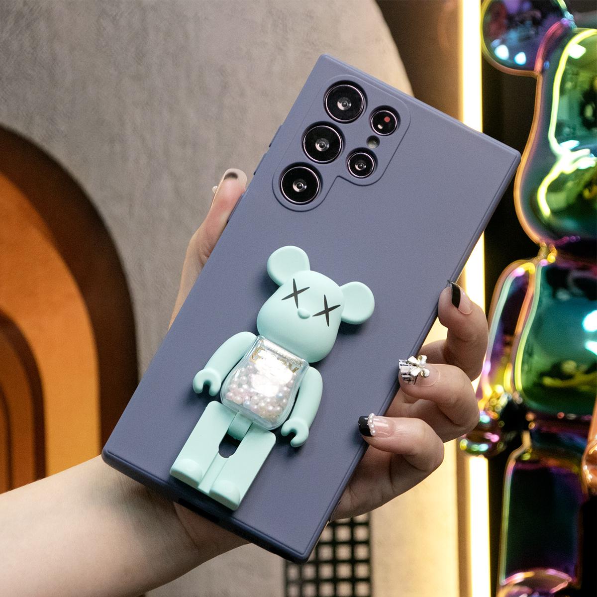 Liquid Silicone Matte Shockproof Frosted Candy Bear Stand Phone Case For Samsung S25 S24 S23 S22 S21 Note20 A16 A15 A25 A36 A35 A55 Camera Protect Soft Cover