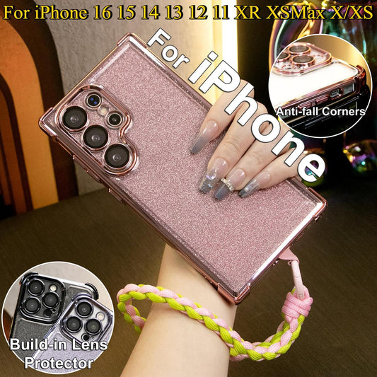 Luxury Glitter Plating Four Corners Shockproof Clear Case With Woven Wristband For iPhone 16 15 14 13 12 11 XR XSMax X/XS Transparent Hard Acrylic Bumper Full Cover