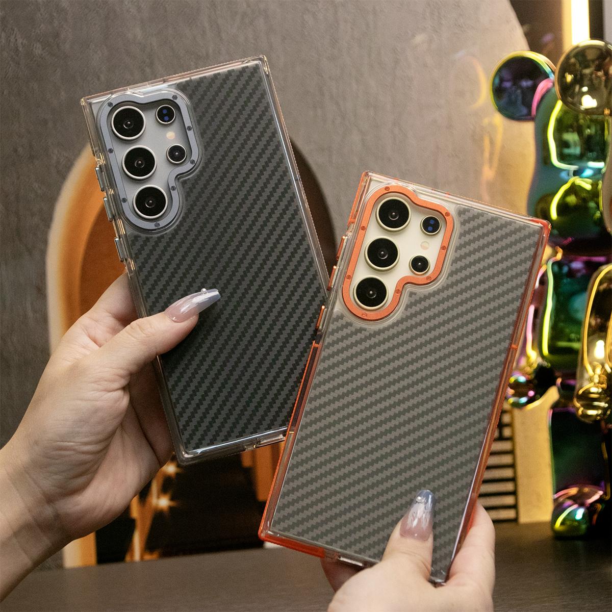 Carbon Fiber Pattern Phone Case, Metal Hardware Camera Protective Acrylic Cover, Clear No Yellow, With Shockproof  Anti-Fall Bumper For Samsung S25Ultra S24 S23 S21FE A14 A15 A24 A25 A35 A54 A55 A05
